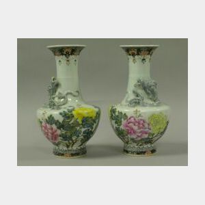 Pair of Chinese Dragon Mounted and Enamel Decorated Porcelain Vases.