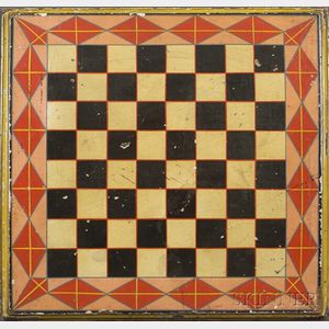 Polychrome Painted Wooden Checkerboard with Red Diamond Border