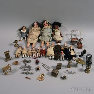 Group of Assorted Small Dolls and Dollhouse Furnishings