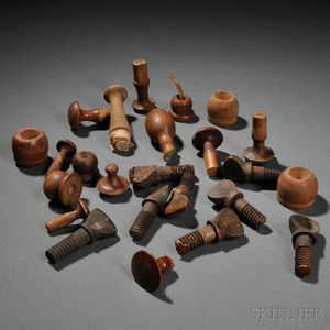Twenty-two Shaker-made Wooden Thumbscrews, Tilter Bobs, and Pegs