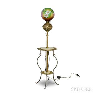 Victorian Gilt-metal and Painted Glass Floor Lamp and Stand