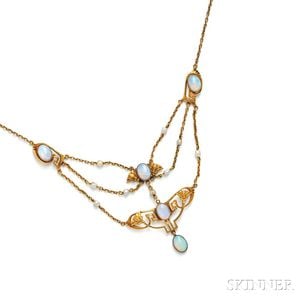 Art Nouveau 14kt Gold, Opal, and Freshwater Pearl Necklace, Durand & Co.