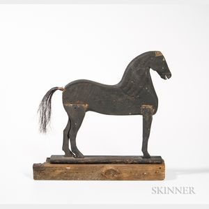 Carved and Black-painted Wood Horse with Horsehair Tail
