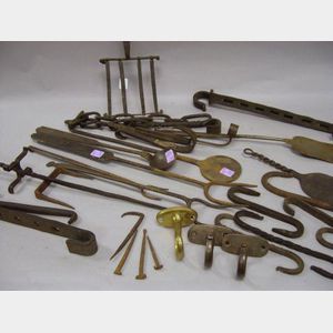 Approximately Twenty-five Wrought Iron and Brass Hearth and Hardware Items.