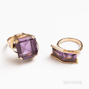 Two 14kt Gold and Synthetic Color-change Sapphire Rings