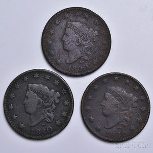 Three 1820 Coronet Head Large Cents