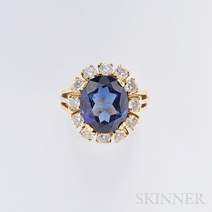 18kt Gold, Synthetic Sapphire, and Diamond Ring