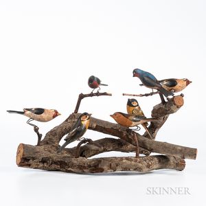 Carved and Painted Birds on Branch