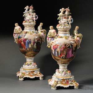 Pair of Dresden Porcelain Figural Vases and Covers