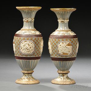 Two Similar Doulton Lambeth Marqueterie Ware Vases