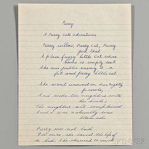 Capote, Truman (1924-1964) Autograph Unsigned Poem: A Pussy Cat's Adventures , (c. 1935-1936)