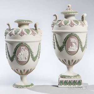 Pair of Wedgwood Tricolor Jasper Vases and Cover