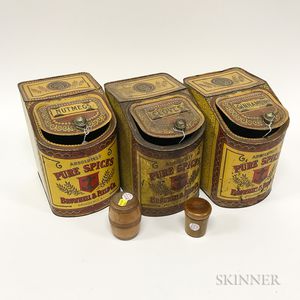 Three Lithographed Spice Tins and Two Treen Table Items