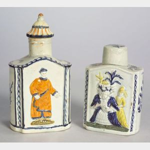 Two Pratt-type Pearlware Tea Canisters with Covers