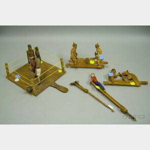 Five Folk Carved Articulated Wooden Push-Pull Toys