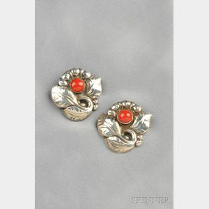 Pair of Sterling Silver and Coral Brooches, Georg Jensen