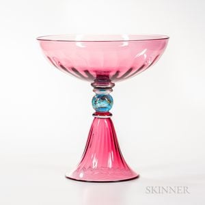 Monumental Pink Blown Glass Compote/Center Bowl