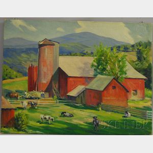 Wallace W. Fahnestock (American, 1877-1962) Farm Scene with Barn and Cows.