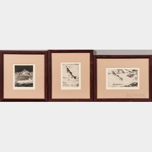 Group of Three Framed Trout Etchings