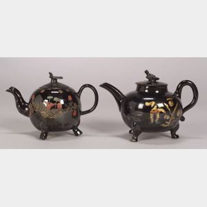 Two Staffordshire "Jackfield" Black Glazed Teapots and Covers