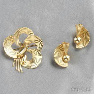 Retro 14kt Gold Ribbon Brooch and Earclips, Tiffany & Co.