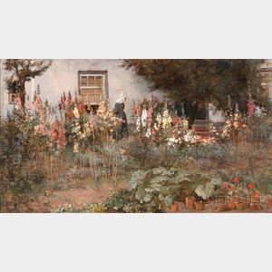 Frans David Oerder (Dutch, 1867-1944) Cottage Garden with Hollyhocks