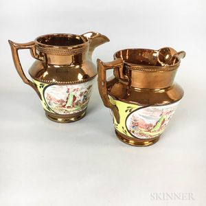 Two Transfer-decorated Copper Lustre Jugs