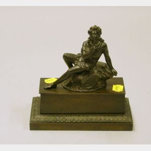 Victorian Patinated Bronze Figural Inkstand with Cover