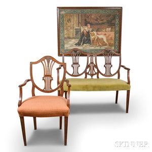 Federal-style Carved Mahogany Double-back Settee, Armchair, and Framed Tapestry