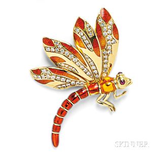 18kt Gold, Enamel, and Diamond Dragonfly Brooch, Judith Leiber