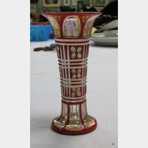 Cranberry and White Cut to Clear Double Overlay Glass Vase with Gilt Highlights.