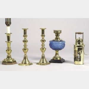 Pair of Brass Beehive Candlesticks, Two Table Lamp Bases, and a Skater&#39;s Lamp