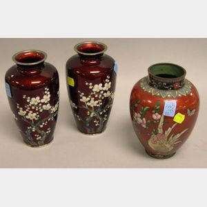 Pair of Flowering Fruit Branch Decorated Cloisonne Vases and a Rooster Decorated Cloisonne Vase.