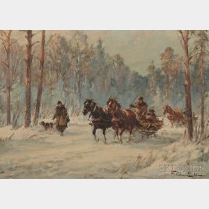 Wladyslaw T. Chemielinski (Polish, b. 1895) Horse-drawn Sleigh with Hunter and Dog