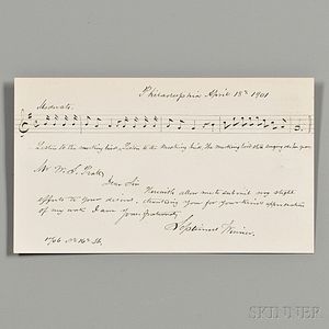 Winner, Septimus (1827-1902) Signed Note with Musical Quote, 18 April 1901.