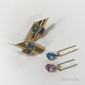 Pair of 14kt Gold, Amethyst, and Aquamarine Earrings, a Blue Topaz Pendant, and an Amethyst Pendant