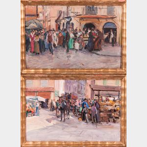 Paul Kutscha (Czech, 1872-1935) Two Framed Roman Street Scenes: Market with Horse