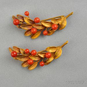 Pair of 18kt Gold and Coral Pins