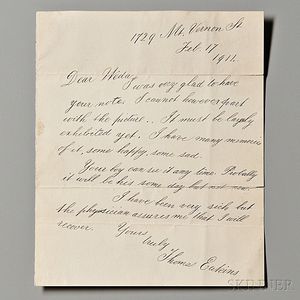 Eakins, Thomas (1844-1916) Autograph Letter Signed, 17 February 1914.