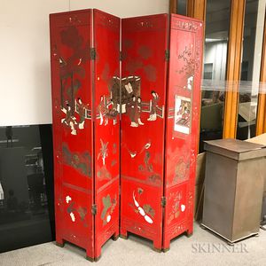 Chinoiserie-decorated Red-lacquered Four-panel Folding Screen