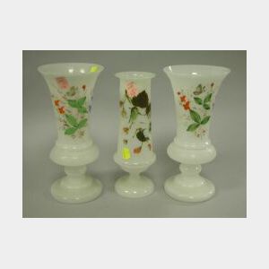 Three Floral Decorated Bristol Glass Vases.
