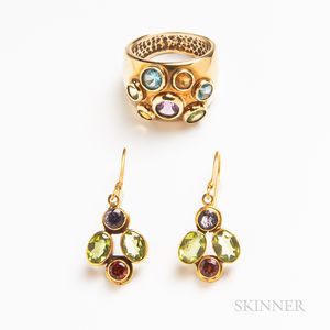 Gold Gem-set Earrings and Ring