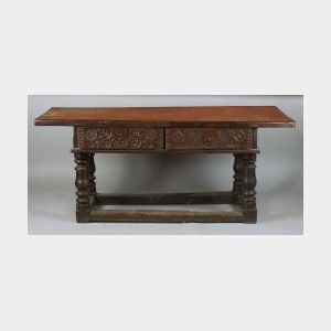 Continental Baroque Walnut and Oak Hall Table