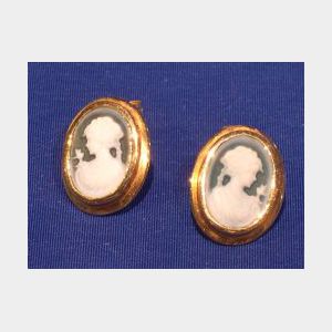 Pair of 14kt Gold and Green Cameo Earrings.