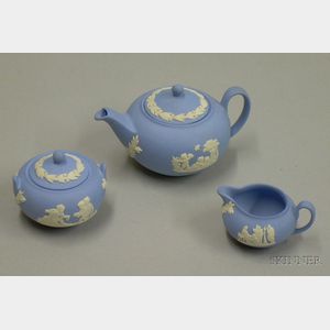 Three-piece Miniature Wedgwood Solid Light Blue Jasper Tea Set.