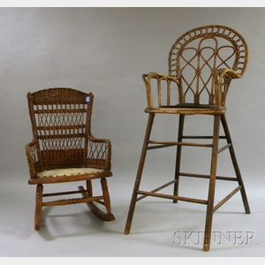 Late Victorian Childs Woven Wicker and Wood High Chair and a Woven Wicker Armrocker.