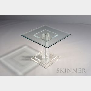 Mid-century Modern Lucite and Glass Side Table, 20th century, the colorless, beveled, square glass top raised on four Lucite pilasters