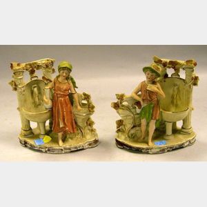 Pair of German Bisque Porcelain Figures of a Lad and Lass by a Fountain.