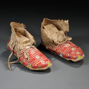 Pair of Plains Beaded and Quilled Hide Moccasins