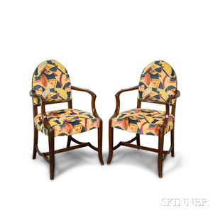 Pair of Contemporary Stained Maple Upholstered Open Armchairs